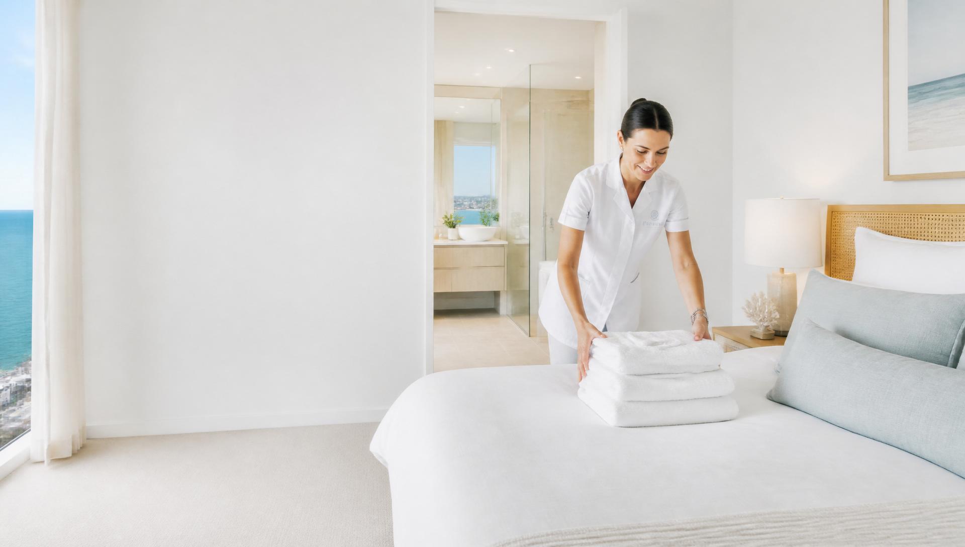 Cleaner placing fresh folded towels on a perfectly made bed in a luxury Gold Coast coastal apartment
