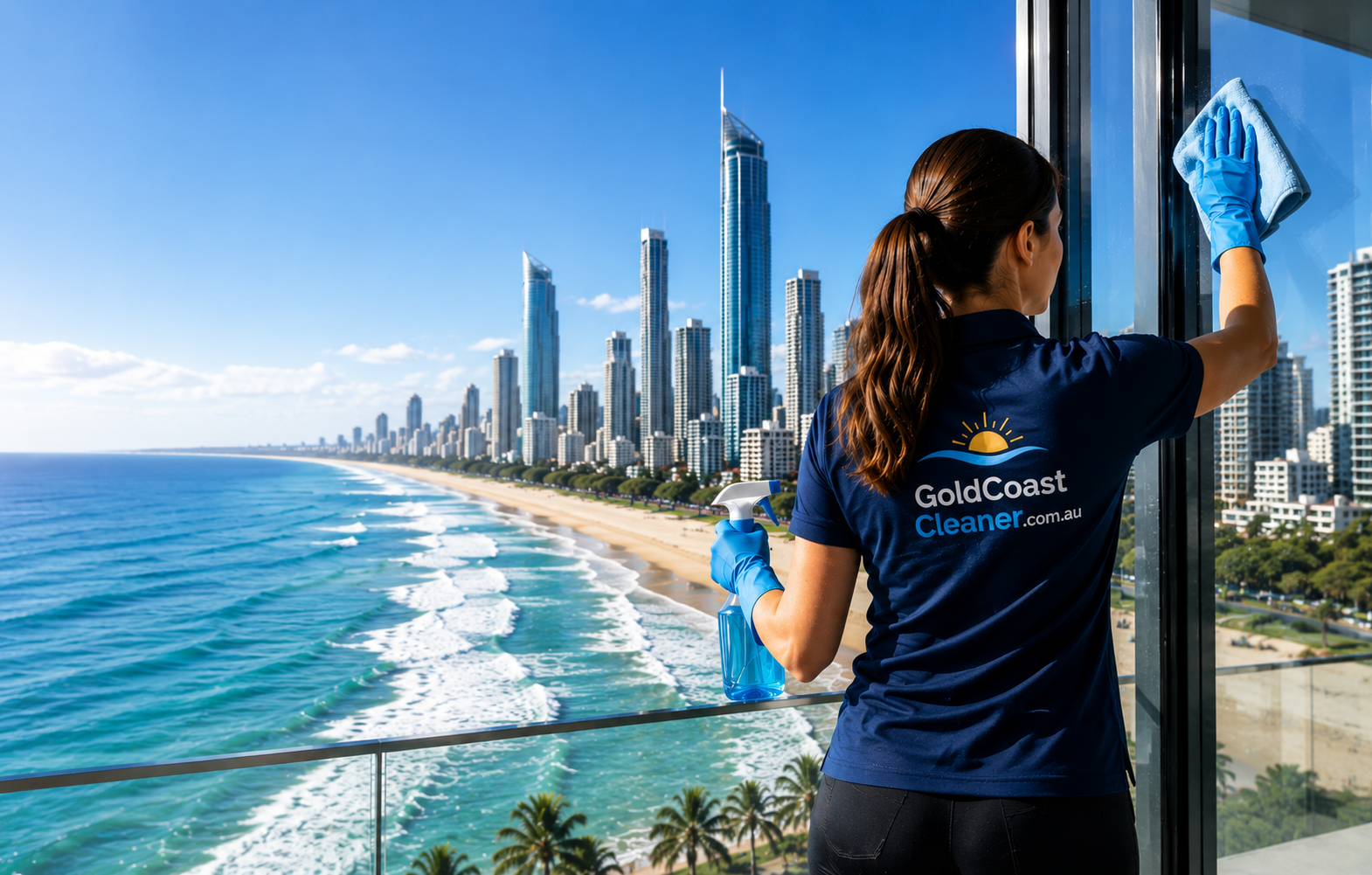 Cleaner Gold Coast professional wiping high-rise windows overlooking Surfers Paradise beach and skyline